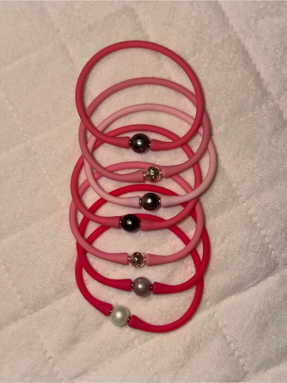 Pink Silicone Bracelet Set with mixed Pearl, Black Pearl, Silver center beads (7